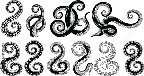 Black and white hand drawn octopus tentacles set with suction cups, vintage nautical kraken sketches, engraved sea monster cephalopod limbs isolated. (Exactly