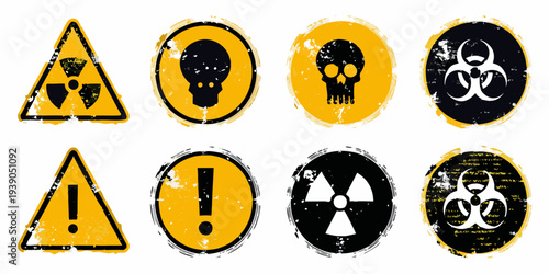 Collection of warning signs radiation biohazard skull and exclamation