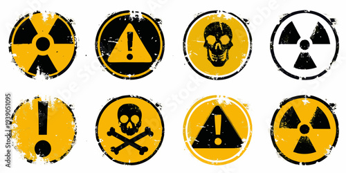 A collection of distressed yellow and black warning and hazard symbols