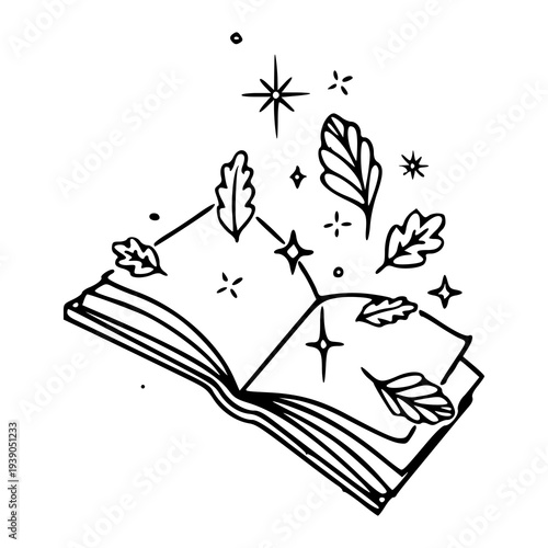 open magic book with flying autumn leaves and stars illustration