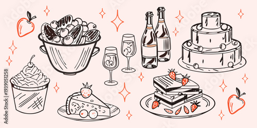 A celebratory collection of desserts champagne and sweet treats