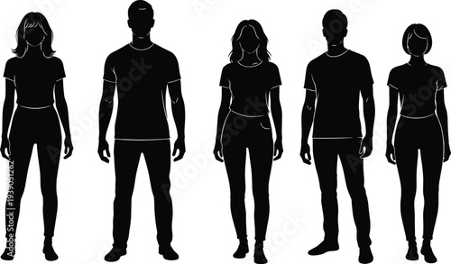 Collection of realistic people silhouettes standing in casual outfits including jeans and t-shirts isolated on white background for lifestyle and fashion graphic design projects.
