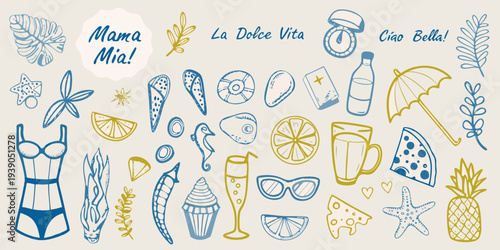 Italian summer themed doodles featuring citrus swimwear and beach elements