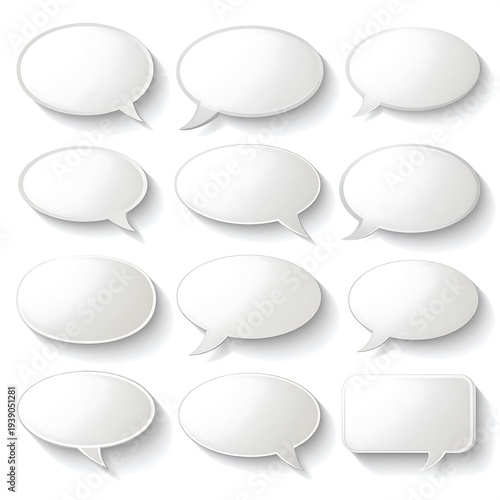 Collection of blank, white speech bubbles with soft shadows for communication
