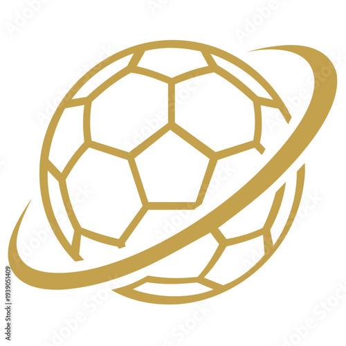 Stylized Golden Soccer Ball Logo with Orbital Swoosh. Modern gold soccer ball vector logo featuring a dynamic orbital ring. Elegant and professional design