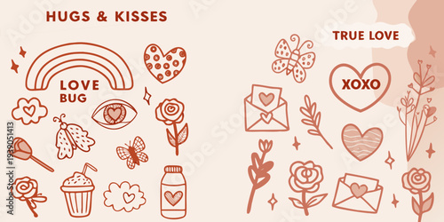 A collection of illustrated love themed stickers and doodles in pastel colors