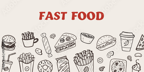Hand drawn illustration featuring various fast food items and lettering