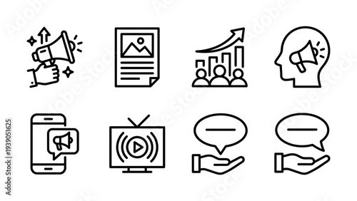 Set of 8 marketing and communication icons: megaphone, document, graph, speech bubble, smartphone, TV screen, and profile head. Outline style