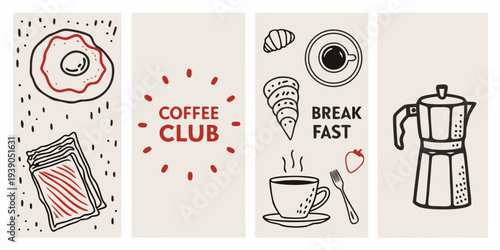 Breakfast and coffee themed illustrations in a vertical triptych format