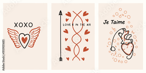 Three romantic illustrations with hearts wings and love themed text