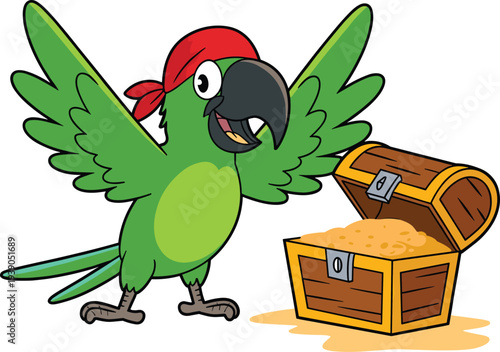 Cartoon Pirate Parrot with Treasure Chest Isolated Stock Illustration