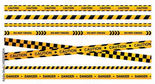 Vector set of warning and caution tapes with various striped and checkerboard patterns for safety crime
