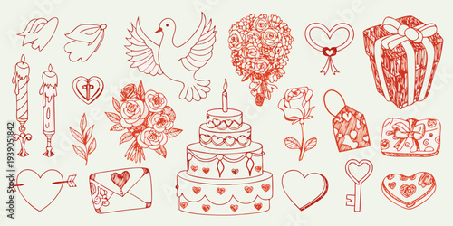 Hand drawn romantic illustrations of wedding and love themed elements