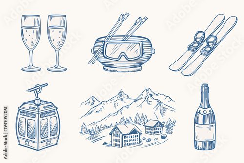 Winter sports and celebration a sketched collection of seasonal items