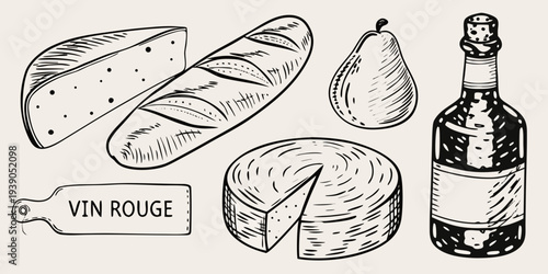 A sketch of bread cheese pear and a bottle of red wine