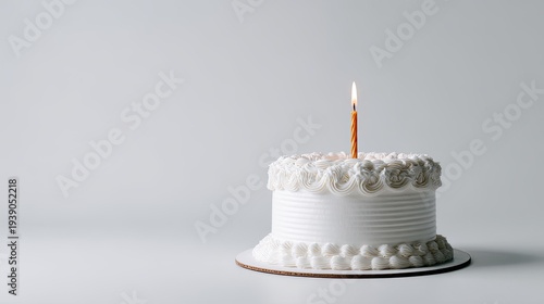 Minimalist birthday cake with one candle illustration isolated on white background, simple festive dessert icon in modern flat design