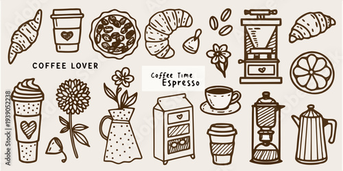 A charming collection of hand drawn coffee pastries and floral elements