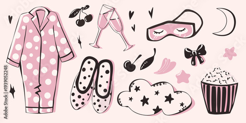 A cozy night in pajamas snacks and relaxing items illustrated