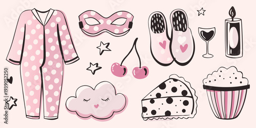 Cute illustration of sleepwear treats and relaxing night time objects
