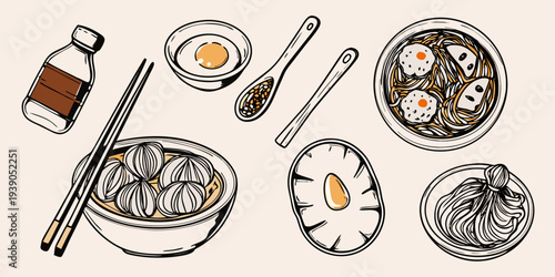 Asian cuisine sketch featuring ramen dumplings and various condiments