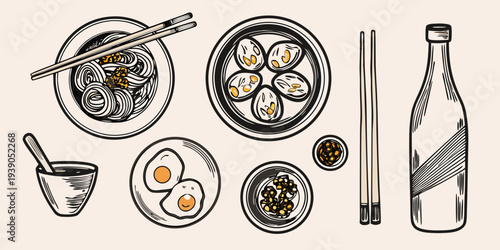 Stylized illustration of japanese cuisine including ramen dumplings and eggs