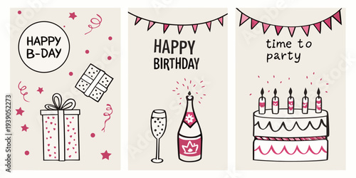Three birthday themed illustrations with gifts cake and celebratory elements