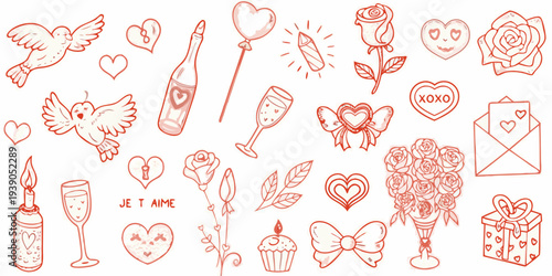 Hand drawn romantic doodles including hearts roses and champagne bottles