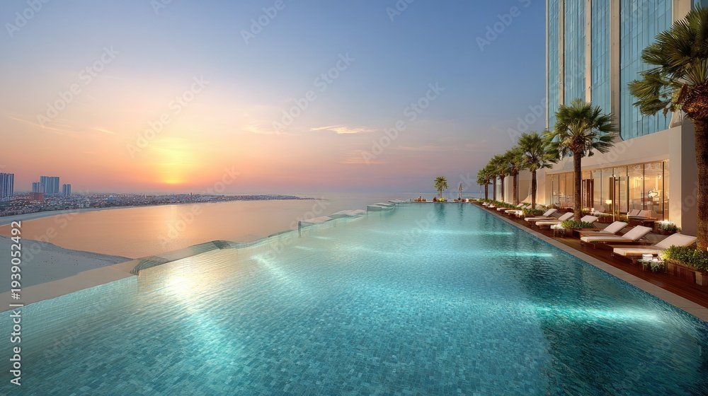 Fototapeta premium Luxurious rooftop infinity pool overlooks coastal cityscape during a vibrant sunset