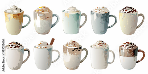 Collection of illustrated mugs filled with hot beverages and whipped cream