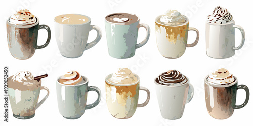 A collection of illustrated hot beverages in various ceramic mugs