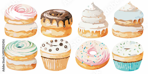 A colorful collection of frosted cupcakes and sprinkled donuts arranged neatly