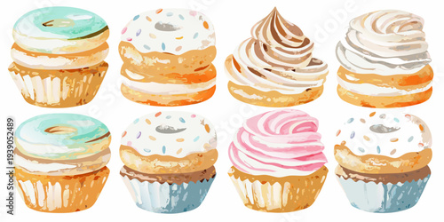 Colorful assortment of watercolor style donuts and frosted cupcakes displayed closely