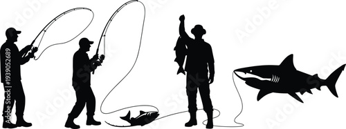Fishing silhouette sequence, fishermen catching fish, shark hooked line, black vector illustration, outdoor activity, marine life concept, adventure sport design