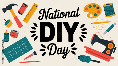 National diy day celebration with various colorful tools and equipment for crafting and home improvement projects