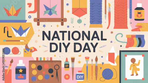 National diy day celebration with colorful crafting tools and supplies