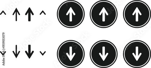 Arrow symbols illustration, up and down, direction icons, navigation, black arrows, circular icons, bold, thin, medium, graphic, vector, design, pattern, 