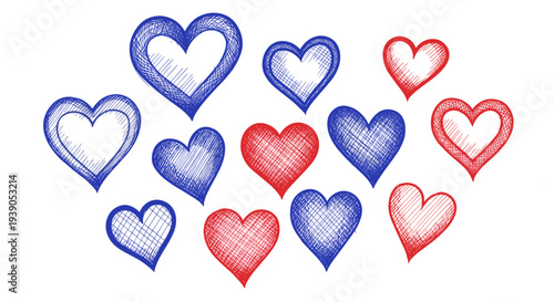 Collection of handdrawn hearts in red and blue colors