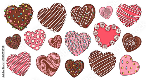 Collection of colorful heartshaped cookies with various toppings