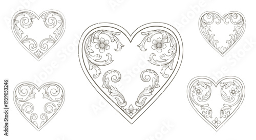 Set of decorative ornate hearts with floral and swirl patterns