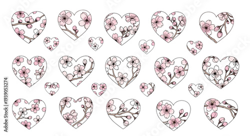 Collection of handdrawn hearts with floral and decorative details