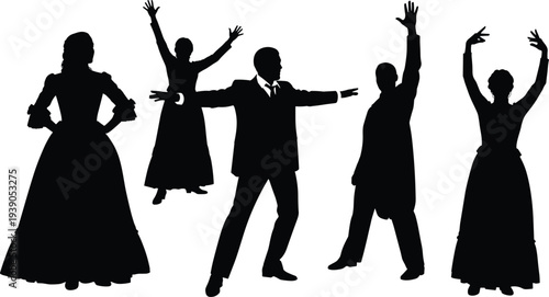 Elegant Silhouette Collection Featuring Men and Women in Victorian Style Formal Attire Dancing And Celebrating Set Isolated On White Background For Classic Event Design