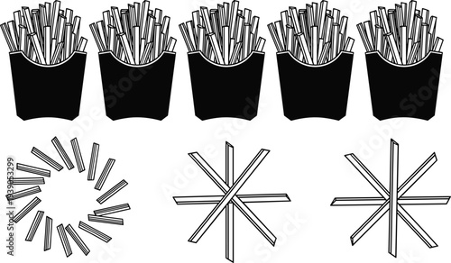 Comprehensive Silhouette Collection Featuring Sheep Ram Gardening Workers Planting Potted Flowers And French Fries Fast Food Icons Isolated On White Background For Design Variety