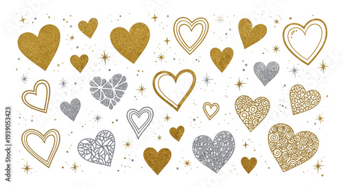 Collection of gold silver and glitter hearts