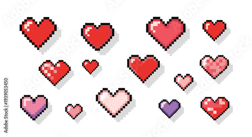 Collection of colorful heart icons in various sizes and shades