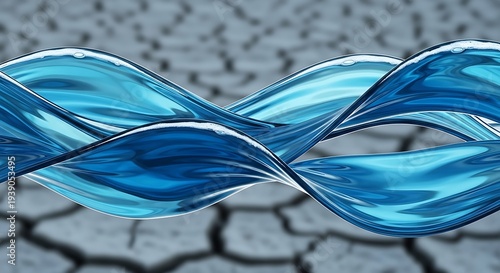 A blue wavy ribbon flowing over a dry cracked earth surface illustration from a top viewpoint