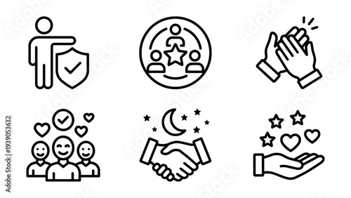 Collection of 6 simple line icons symbolizing support, trust, and community: protection, teamwork, applause, hearts, handshake, and appreciation