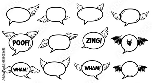 Collection of comic speech bubbles with wings and various expressions