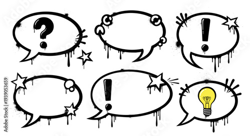 Collection of speech bubbles with question, exclamation, and light bulb