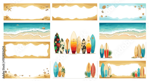 Collection of colorful surfboards and beach scene illustrations