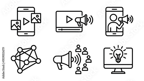 Set of 6 modern line icons illustrating digital marketing strategies: mobile content, promotion, social media engagement, networking, and idea generation